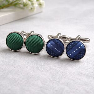Fabric Covered Cufflinks Lot of 2 Round Vintage Look Green Plaid Blue Pattern